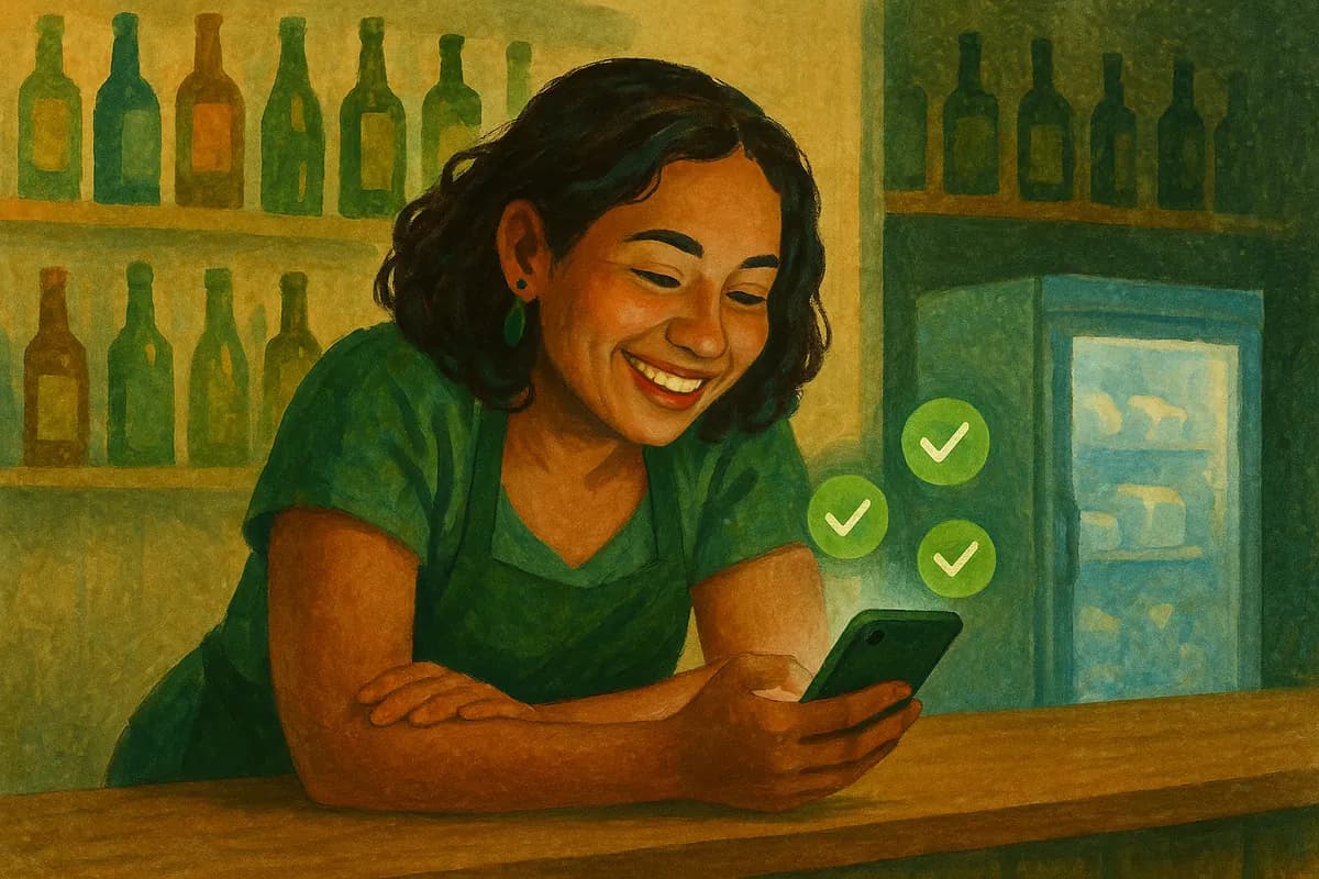 Dona de adega sorrindo para o celular depois de receber um pedido pago