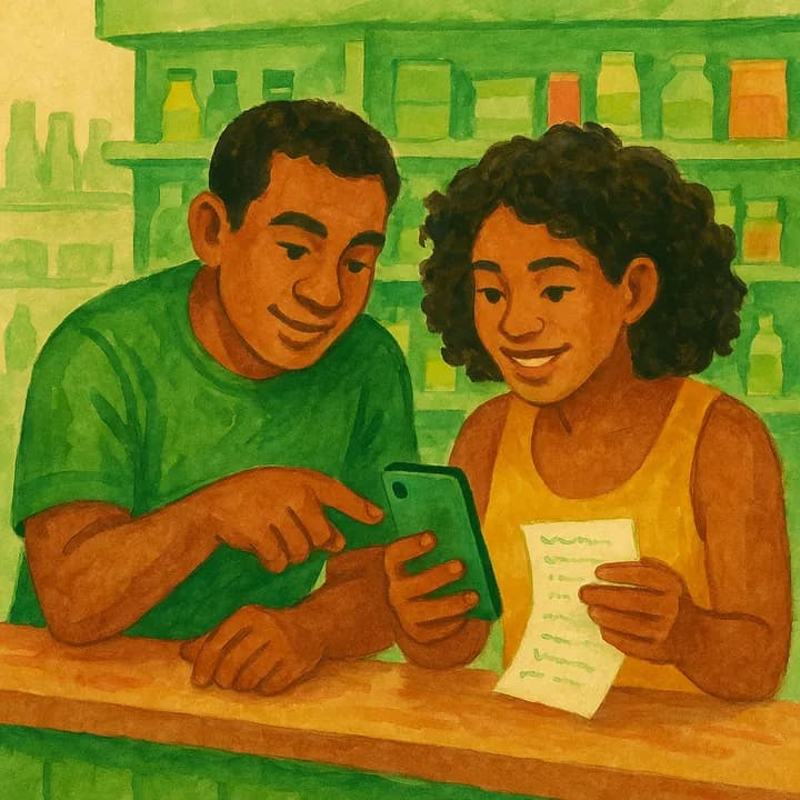 Duas pessoas no balcão de uma conveniência conferindo a lista de produtos no celular