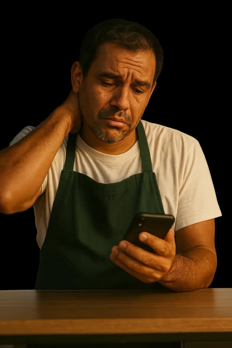 Dono de conveniência atrás do balcão, olhando o celular cheio de mensagens